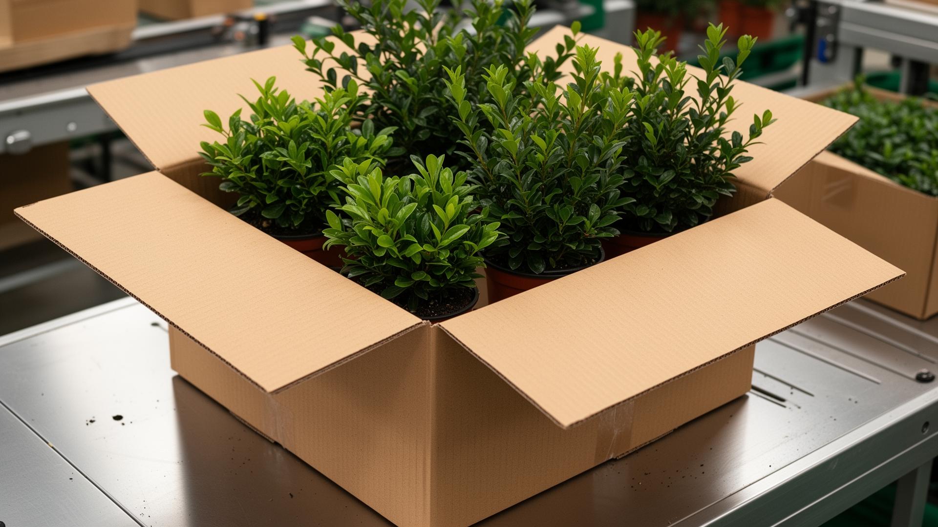Plants packed securely in brown cardboard boxes on an Accelopack fulfilment bench